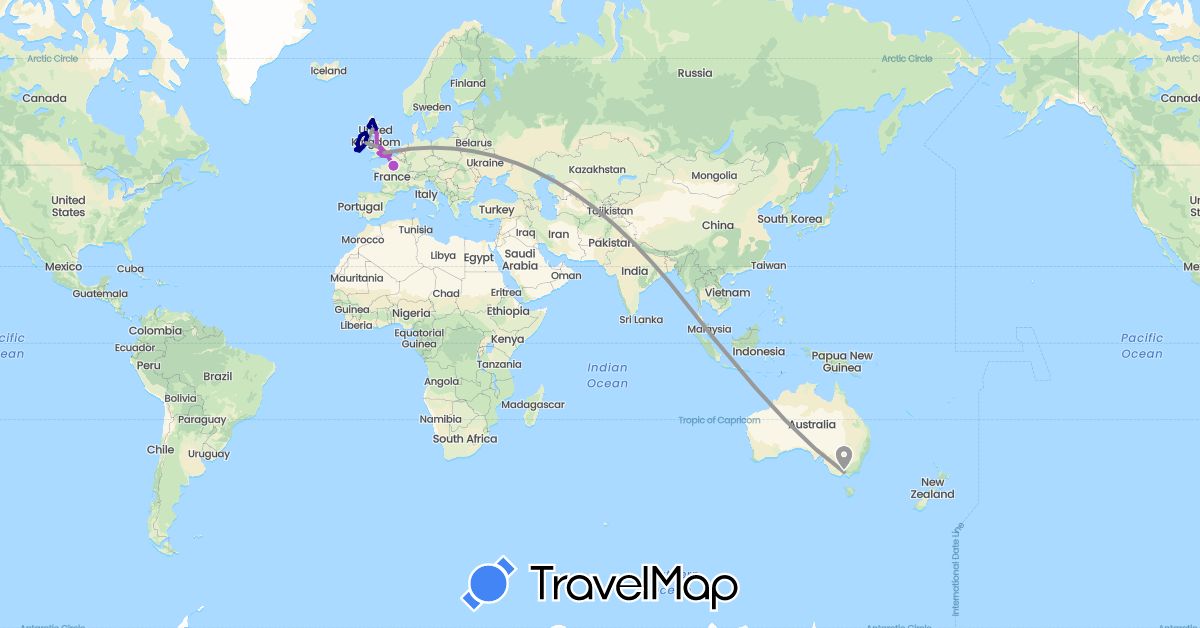 TravelMap itinerary: driving, plane, train in Australia, France, United Kingdom, Ireland, Singapore (Asia, Europe, Oceania)